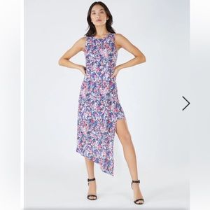 BCBGMAXAZRIA Nolan Overlay Midi Dress Multicolor Floral Asymmetrical NWT